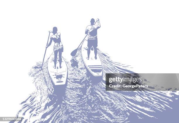 man and woman paddleboarding - paddleboarding stock illustrations