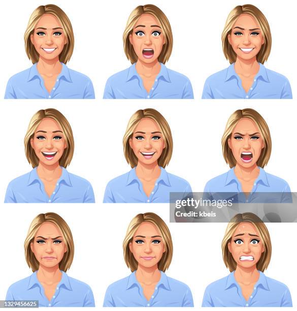 stockillustraties, clipart, cartoons en iconen met blonde young woman portrait- emotions - blij boos