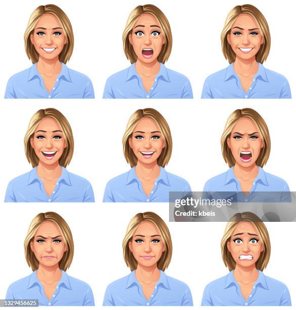 ilustrações de stock, clip art, desenhos animados e ícones de blonde young woman portrait- emotions - facial expression