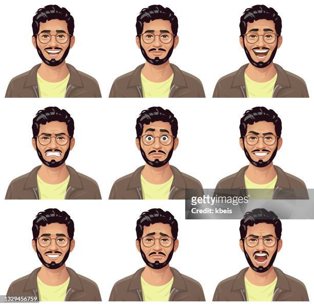 young man with beard and glasses portrait- emotions - people reaction stock illustrations