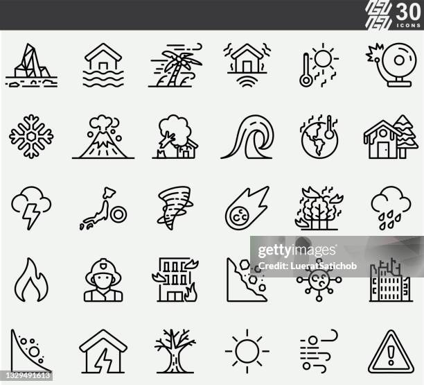 illustrazioni stock, clip art, cartoni animati e icone di tendenza di calamità naturali, malattie, icone della linea di alluvione - extreme weather