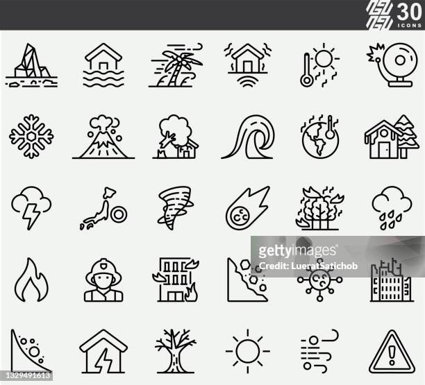 natural disaster , disease , flood  line icons - extreme weather stock illustrations
