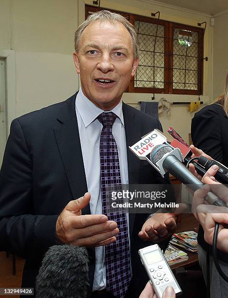 Labour Party leader Phil Goff speaks to the media at the Tauranga Food Bank on November 16, 2011 in Tauranga, New Zealand.New Zealanders will head to...