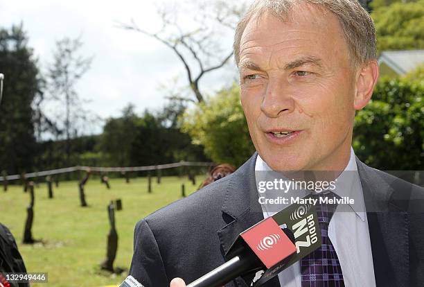 Labour Party leader Phil Goff speaks to the media in front of a section of Gold Kiwifruit vines that were cut out due to PSA disease at the Trevelyan...