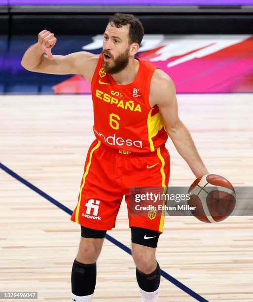 Sergio Rodriguez of Spain sets up a play against the United States during an exhibition game at Michelob ULTRA Arena ahead of the Tokyo Olympic Games...