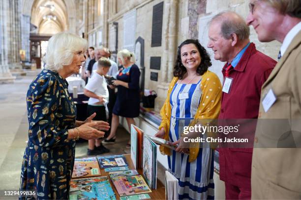 Camilla, Duchess of Cornwall meets with Author Michael Morpurgo OBE during a visit to Exeter Cathedral on July 19, 2021 in Exeter, United Kingdom....