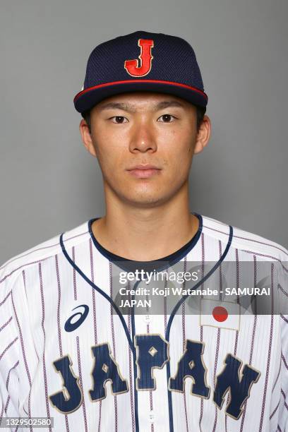 Yoshinobu Yamamoto of Samurai Japan during the Samurai Japan portrait session on July 19, 2021 in Sendai, Miyagi, Japan.