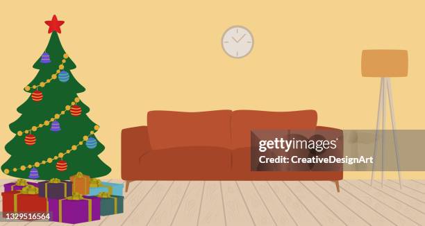 living room interior with christmas tree, ornaments, gift boxes and sofa - cosy background stock illustrations
