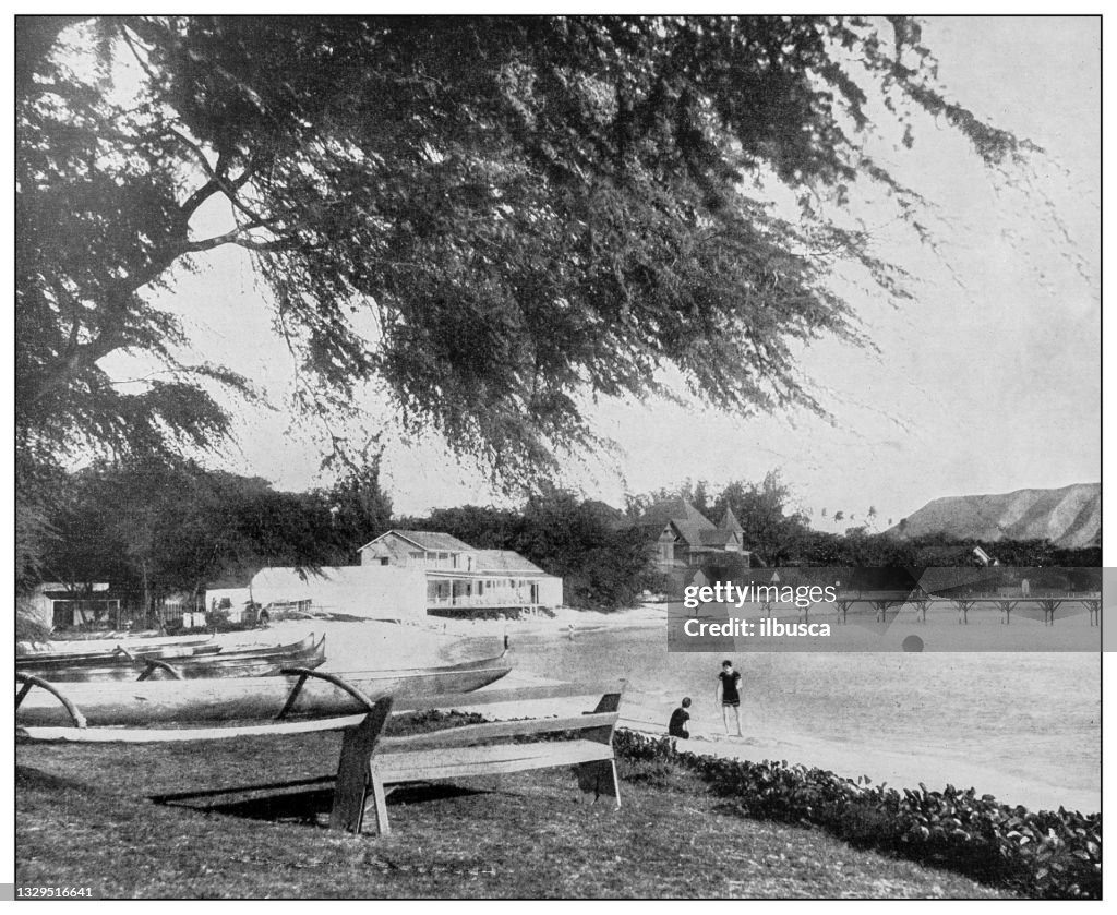 Antique black and white photograph: Waikiki beach, Hawaii