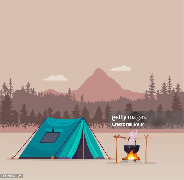 camping in the mountains. camping with a tent, a mount and a bonfire against the backdrop of a mountain landscape. vector, cartoon illustration. - campfire background stock illustrations
