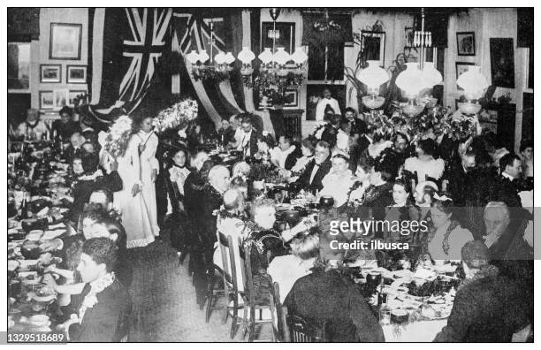 stockillustraties, clipart, cartoons en iconen met antique black and white photograph: banquet in honolulu in honor of the american commissioners, hawaii - american diner
