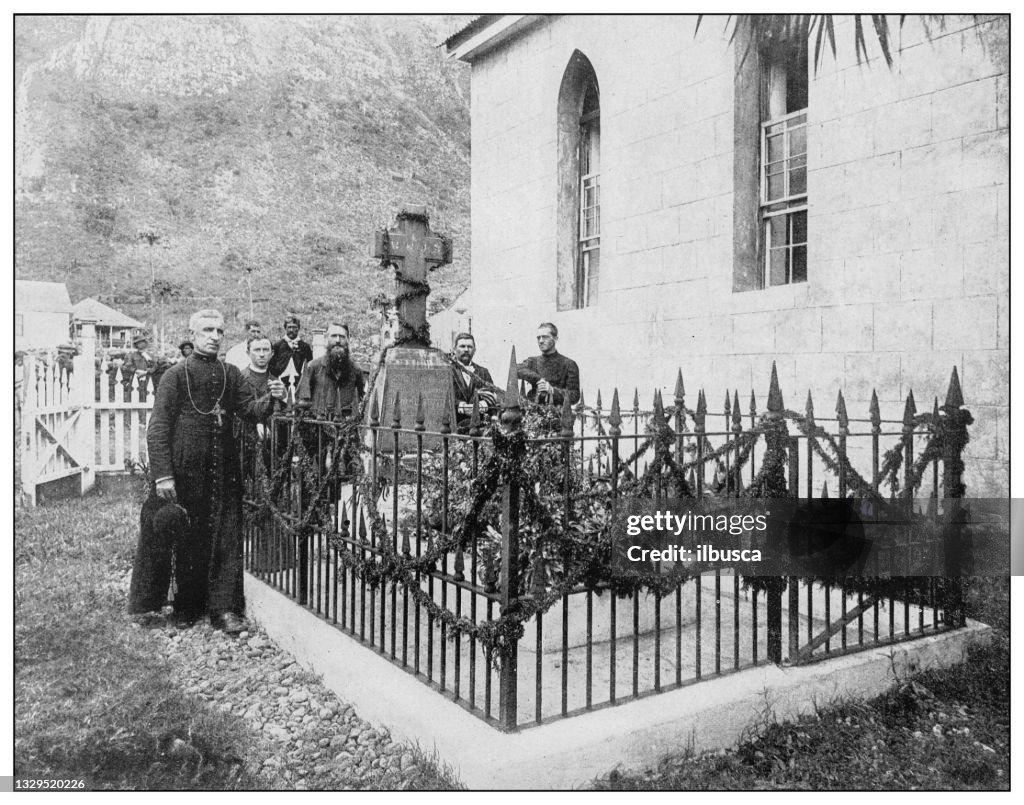 Antique black and white photograph: Grave of father Damien at the leper settlement on Molokai Island, Hawaii