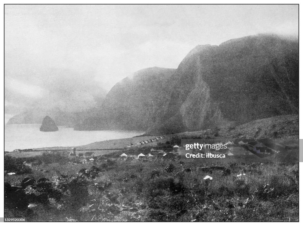 Antique black and white photograph: Leper settlement on Molokai Island, Hawaii