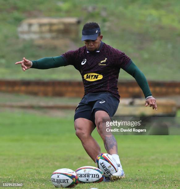 Elton Jantjies practices his kicking during the South Africa Sprinboks training session held at Western Province HPC on July 19, 2021 in Bellville,...