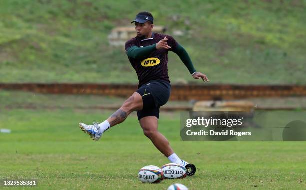 Elton Jantjies practices his kicking during the South Africa Sprinboks training session held at Western Province HPC on July 19, 2021 in Bellville,...