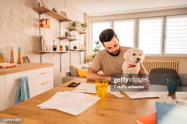 man checking finances at home with dog in lap - calculator tax forms stockfoto's en -beelden
