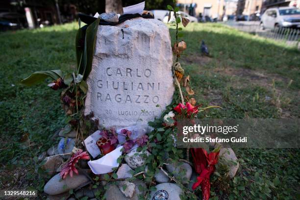 General view of the commemorative plaque in Piazza Alimonda where Carlo Giuliani died and where the violent clashes between protesters and riot...