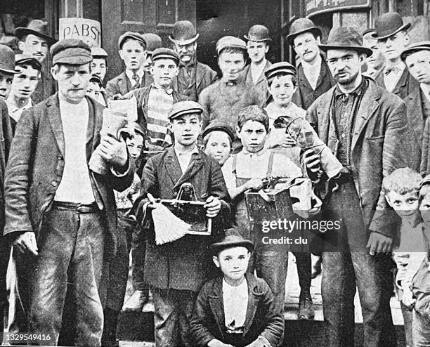 stockillustraties, clipart, cartoons en iconen met new york, boys and men from the bowery - lower east side manhattan