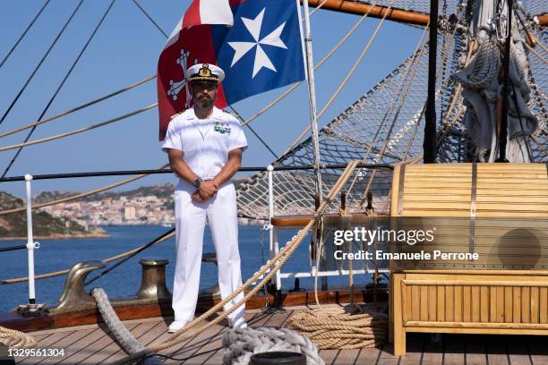 The ship's commander Vespucci, ship captain Gianfranco Bacchi, in the background the island of La Maddalena in Sardinia on July 19, 2021 in La...