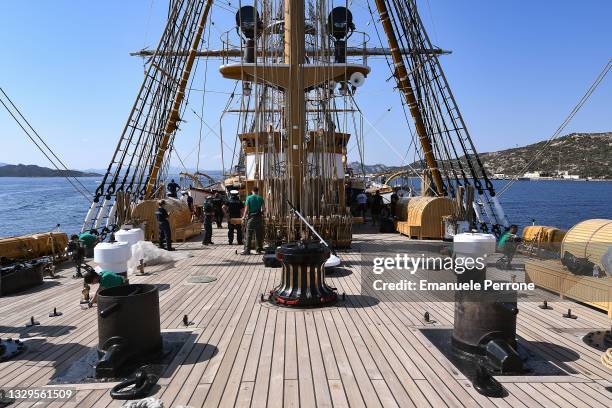 Panoramic view aboard the Amerigo Vespucci sailing ship while the sailors are at work on July 19, 2021 in La Maddalena, Italy. This is the first...