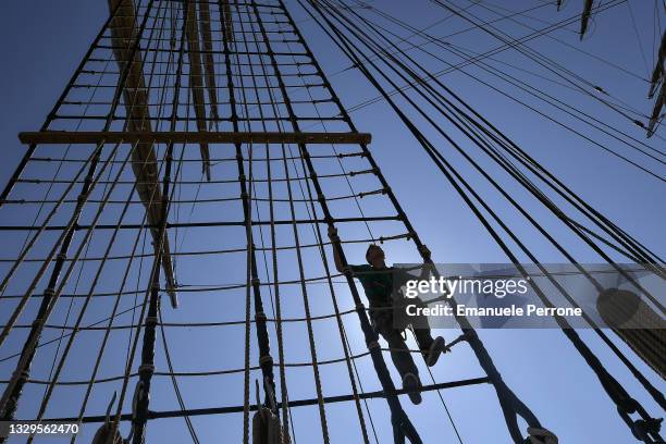 Amerigo Vespucci's official pupils at work aboard the Italian training ship on July 19, 2021 in La Maddalena, Italy. This is the first Italian stop...