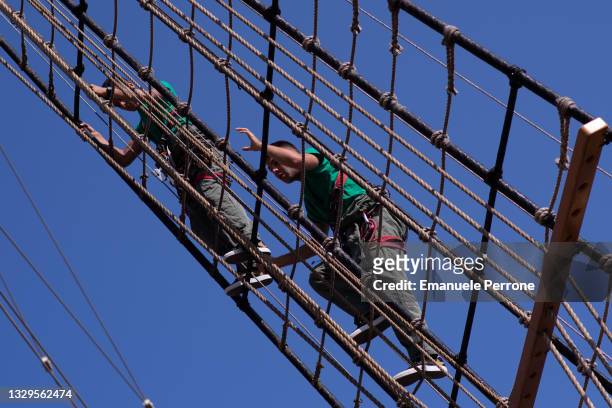 Amerigo Vespucci's official pupils at work aboard the Italian training ship on July 19, 2021 in La Maddalena, Italy. This is the first Italian stop...