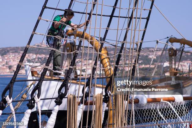 Amerigo Vespucci's official pupils at work aboard the Italian training ship on July 19, 2021 in La Maddalena, Italy. This is the first Italian stop...