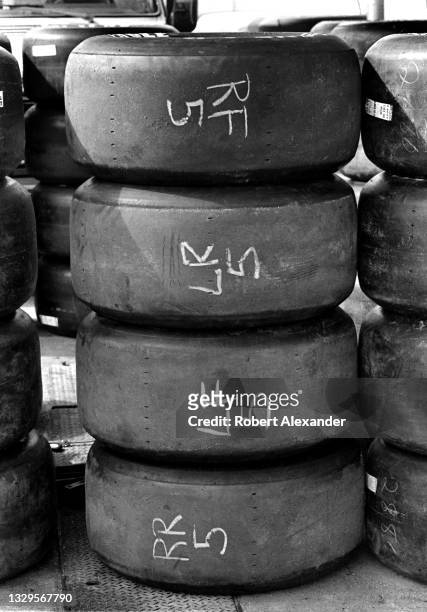 Set of Goodyear racing tires stacked in the speedway garage prior to the running of the 1982 Firecracker 400 race at Daytona International Speedway...