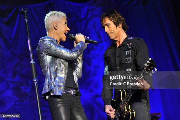 Marie Fredriksson and Per Gessle of Roxette performs on stage at Wembley Arena on November 15, 2011 in London, United Kingdom.