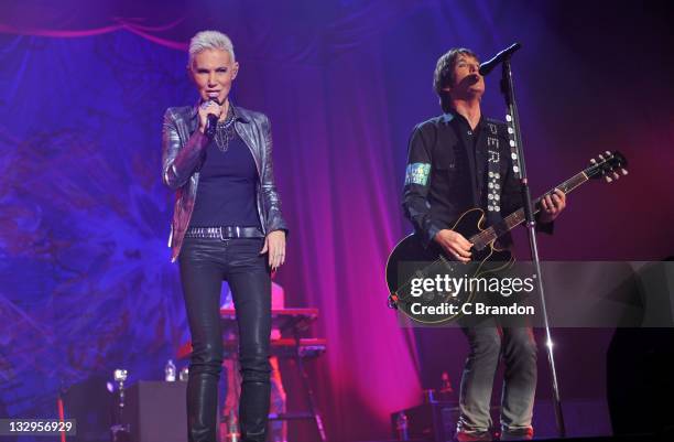 Marie Fredriksson and Per Gessle of Roxette performs on stage at Wembley Arena on November 15, 2011 in London, United Kingdom.