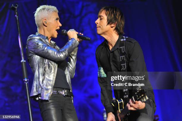 Marie Fredriksson and Per Gessle of Roxette performs on stage at Wembley Arena on November 15, 2011 in London, United Kingdom.