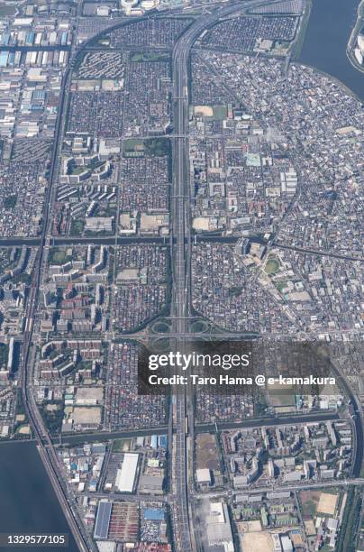 the coast highway in chiba of japan aerial view from airplane - chiba city stockfoto's en -beelden