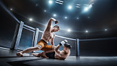 Cage. Two fighters are fighting. Punches. Sport action concept. Emotions of winner. Octagon. 3D