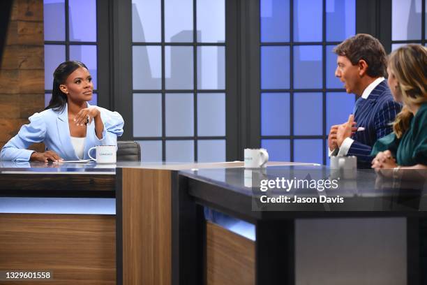 Candace Owens, Hogan Gidley, and Allie Beth Stuckey are seen on the set of "Candace" on July 19, 2021 in Nashville, Tennessee. The show will air on...