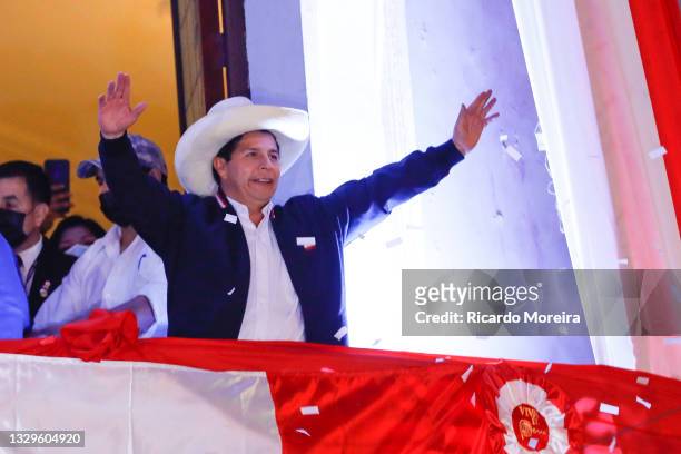 Newly Elected President of Peru Pedro Castillo waves supporters during a celebration after being confirmed as new president of Peru at the campaign...