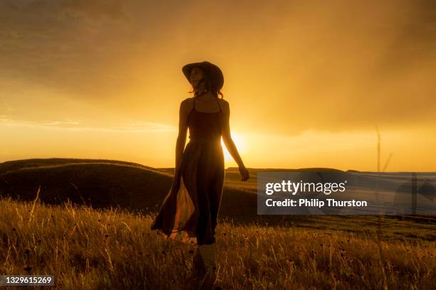 woman in cowboy hat walking along golden meadow at sunset - western wear stock pictures, royalty-free photos & images