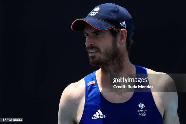 Andy Murray of Team Great Britain looks on during practice ahead of the Tokyo 2020 Olympic Games at the Ariake Tennis Park on July 20, 2021 in Tokyo,...