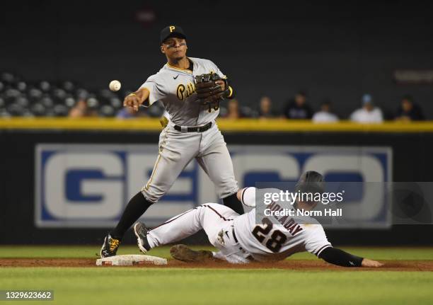 Wilmer Difo of the Pittsburgh Pirates turns a double play on a ground ball hit by Andrew Young of the Arizona Diamondbacks as Bryan Holaday is forced...