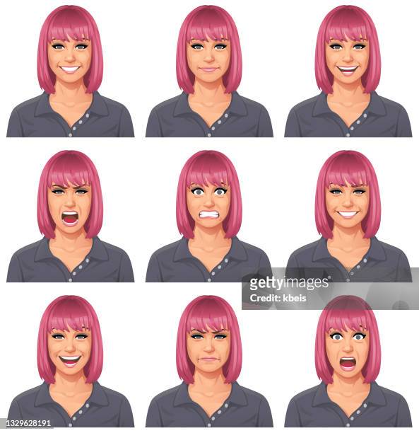 ilustrações de stock, clip art, desenhos animados e ícones de pink haired young woman portrait- emotions - bad bangs