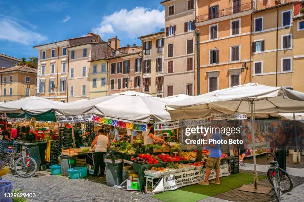 der suggestive und charakteristische straßenmarkt von campo de fiori im herzen roms - blumenfeld stock-fotos und bilder