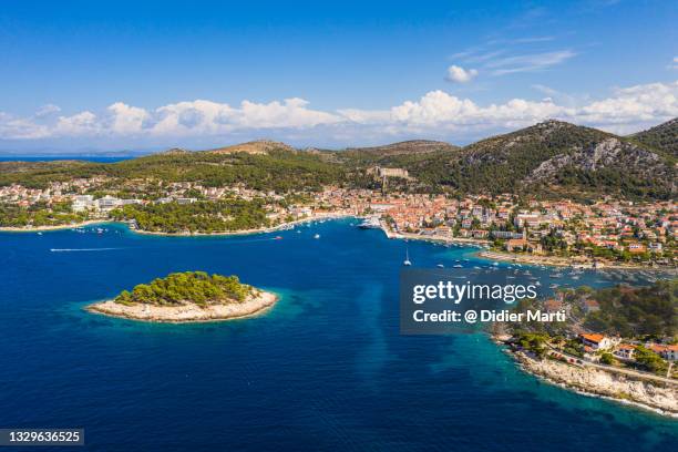 aerial view of the famous hvar old town in croatia - hvar croatia stock pictures, royalty-free photos & images