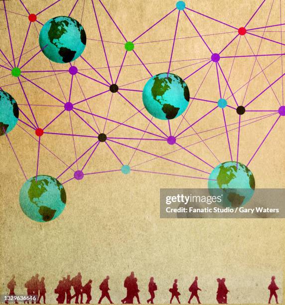 stockillustraties, clipart, cartoons en iconen met concept image of people walking under a molecular structure with the planet earth depicting interconnectivity between science technology and people - pandemia