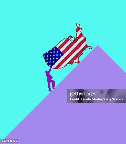 concept image of a man pushing map of america towards the summit of a mountain depicting the future of the u.s.a. - abacus abstract stock illustrations