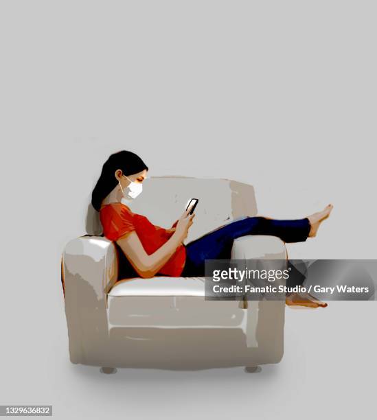 stockillustraties, clipart, cartoons en iconen met young woman relaxing in an armchair wearing a medical mask texting - pandemia