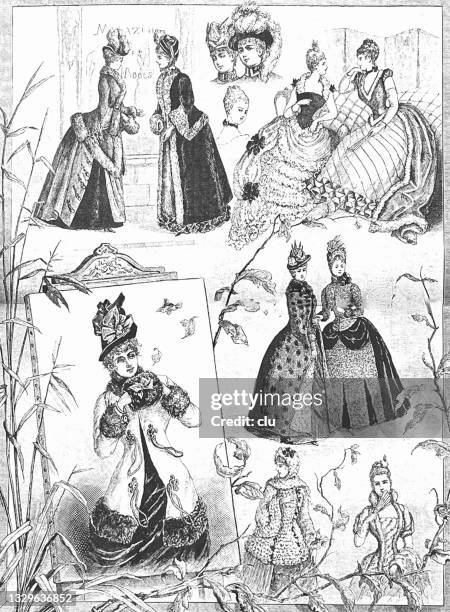 winter fashion, women in long dresses, composite image - 1880s stock illustrations