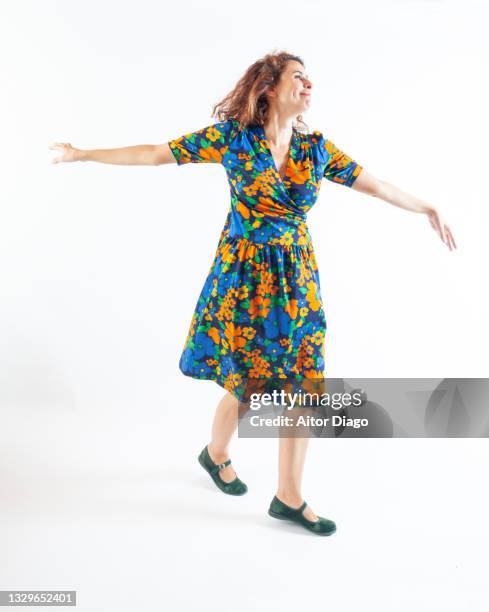 happy woman enjoying life. - woman walking studio back stock pictures, royalty-free photos & images