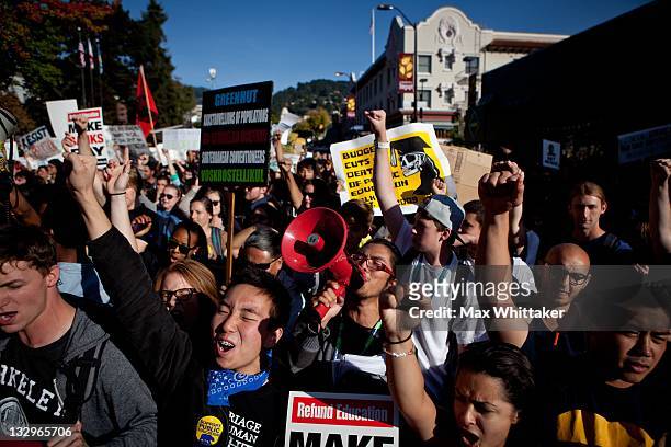 University of California, Berkeley students march through Berkeley as part of an "open university" strike in solidarity with the Occupy Wall Street...