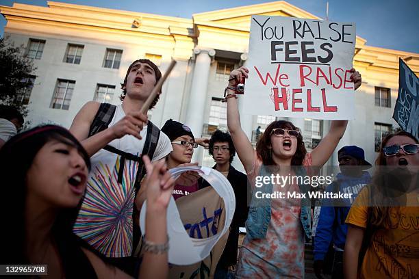 University of California, Berkeley students protest on campus as part of an "open university" strike in solidarity with the Occupy Wall Street...