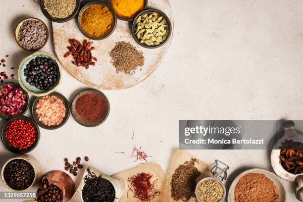 many types of colourful spices on white background - ingredients on white ストックフォトと画像