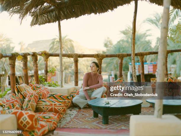 portrait of woman in  green oasis in egypt - aswan egypt stock pictures, royalty-free photos & images